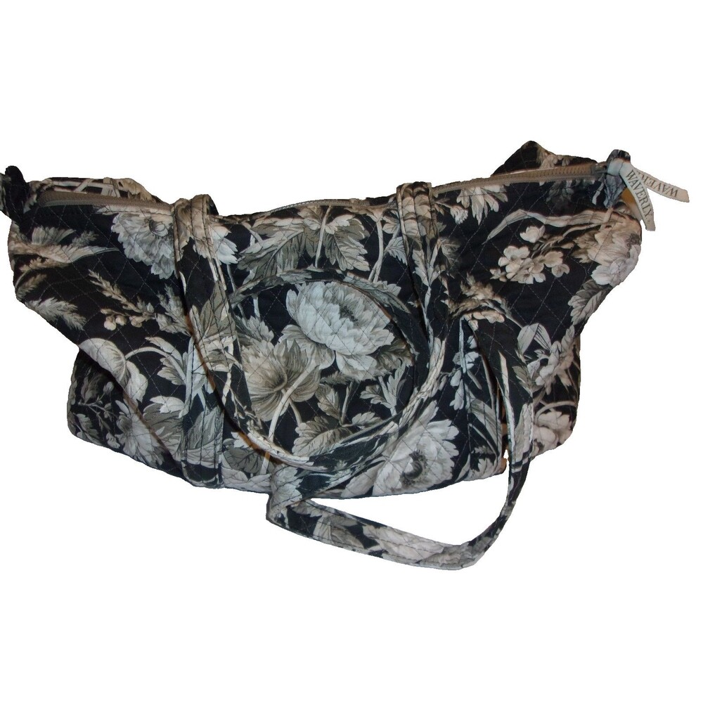 Waverly Travel Duffel Bag Black Gray Off-White Floral Pattern Hidden Bird!